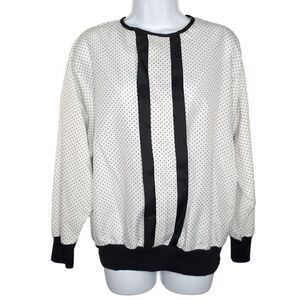 Vintage 80s Mini Polka Dot Blouson Top Blouse 14 Long Sleeve Stripes Black White